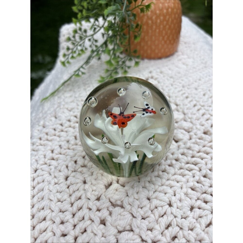 Vintage Art Glass paperweight White flower Orange butterfly Controlled Bubbles